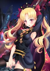  1girl :d absurdres arm_up armpits black_legwear black_leotard blonde_hair blush breasts detached_sleeves earrings ereshkigal_(fate/grand_order) eyebrows_visible_through_hair fate/grand_order fate_(series) floating_hair hair_ribbon highres holding holding_weapon jewelry leotard long_hair looking_at_viewer medium_breasts nanamira_bi night open_mouth outdoors red_eyes red_ribbon ribbon sideboob sitting smile solo thigh-highs twintails very_long_hair weapon 