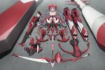 &gt;:) 1girl arrow bodysuit boots bow_(weapon) breasts cleavage crossbow crossed_arms from_above gatling_gun gun headgear highres huge_weapon large_breasts lavender_hair long_hair machine_pistol missile rifle rocket senki_zesshou_symphogear smirk sniper_rifle thigh-highs thigh_boots twintails uganda very_long_hair violet_eyes weapon yukine_chris