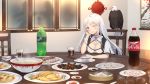  1girl ;) animal arm_support azur_lane bangs baozi bird blush bottle bowl breasts chair chopsticks cleavage cleavage_cutout closed_mouth coca-cola commentary_request cup dress drink drinking_glass eagle earrings enterprise_(azur_lane) eyebrows_visible_through_hair food food_request head_rest head_tilt highres indoors jewelry long_hair looking_at_viewer maya_g medium_breasts one_eye_closed plate short_sleeves shrimp silver_hair sitting smile soda_bottle solo sprite_(drink) table very_long_hair violet_eyes white_dress window 