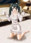 absurdres coffee_mug couch dress graphite_(medium) green_hair hair_ribbon highres kantai_collection kneeling long_hair ribbon rug skypixter solo sweater sweater_dress traditional_media twintails white_ribbon zuikaku_(kantai_collection) 