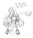  1girl armor athenawyrm blush breasts cleavage dress english gloves mythra_(xenoblade) large_breasts long_hair looking_at_viewer monochrome solo tsundere white_background xenoblade xenoblade_2 