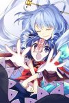  2girls blue_eyes blue_hair drill_hair frills hair_ornament hair_rings hair_stick hug hug_from_behind jiangshi kaku_seiga katayama_kei midriff miyako_yoshika multiple_girls navel ofuda open_mouth outstretched_arms red_shirt shirt short_hair smile touhou veil zombie_pose 