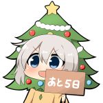  &gt;:d 1girl bangs blue_eyes chibi christmas_tree eyebrows_visible_through_hair grey_hair holding holding_sign long_sleeves no_hat no_headwear short_hair sign simple_background solo star touhou twumi upper_body white_background 