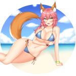  absurdres animal_ears beach beagle bikini blue_bikini blush bracelet breast_hold breasts chechoski clouds collarbone day eyebrows_visible_through_hair fang fate/grand_order fate_(series) fox_ears fox_tail hair_between_eyes hair_over_shoulder highres huge_breasts jewelry long_hair looking_at_viewer low_twintails lying navel on_side open_mouth outdoors outside_border pink_hair side-tie_bikini sky smile star string_bikini swimsuit tail tamamo_(fate)_(all) tamamo_no_mae_(fate) tamamo_no_mae_(swimsuit_lancer)_(fate) thigh_gap twintails wide_hips yellow_eyes 