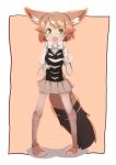  1girl :d black-backed_jackal_(kemono_friends) bow bowtie elbow_gloves extra_ears fang full_body gloves green_eyes highres jackal_ears jackal_tail kemono_friends legs_apart light_brown_hair looking_at_viewer open_mouth pigeon-toed pleated_skirt short_hair sketch skirt smile solo teranekosu white_neckwear 