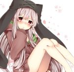  1girl abe_suke bangs bare_legs blush brown_hair closed_mouth commentary_request eyebrows_visible_through_hair floral_background hood hoodie long_hair looking_at_viewer original red_eyes sidelocks signature sitting sleeves_past_wrists solo very_long_hair 