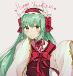  1girl bangs blush bow closed_mouth commentary dragon_horns eyebrows_visible_through_hair fate/grand_order fate_(series) green_hair grey_background hair_between_eyes hairband happy_valentine heart horns japanese_clothes kimono kiyohime_(fate/grand_order) long_hair long_sleeves looking_at_viewer mochii obi red_bow red_hairband sash simple_background sleeves_past_fingers sleeves_past_wrists smile solo very_long_hair white_kimono wide_sleeves yellow_eyes 