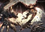  claws copyright_name day dragon flying from_below highres horns looking_at_another monster monster_hunter monster_hunter:_world nergigante no_humans outdoors raruru rathalos scales sharp_teeth spikes tail teeth wings 