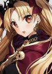  1girl :d bangs blonde_hair blush bow cape commentary earrings ereshkigal_(fate/grand_order) eyebrows_visible_through_hair fate/grand_order fate_(series) gambe grey_background hair_bow infinity jewelry long_hair looking_at_viewer open_mouth parted_bangs red_bow red_cape red_eyes simple_background skull smile solo spine two_side_up upper_body 