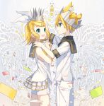  1boy 1girl :d aqua_eyes blonde_hair brother_and_sister cowboy_shot crown eye_contact hair_ribbon hairband hand_on_another&#039;s_shoulder highres ixima kagamine_len kagamine_rin layered_skirt looking_at_another miniskirt open_mouth pants ribbon shirt short_hair short_shorts short_sleeves shorts siblings skirt sleeveless sleeveless_shirt smile standing vocaloid white_hairband white_pants white_ribbon white_shirt white_shorts white_skirt 