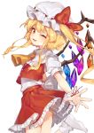  1girl ;d ascot blush bobby_socks bow crystal demon_wings eyebrows_visible_through_hair fang flandre_scarlet foreshortening frilled_shirt_collar frilled_skirt frills from_behind hajin hat hat_bow leg_up looking_at_viewer looking_back medium_skirt mob_cap no_shoes one_eye_closed one_side_up open_mouth outstretched_arm red_bow red_skirt red_vest shiny shiny_hair short_sleeves sidelocks simple_background skirt smile socks solo standing standing_on_one_leg touhou twisted_torso vest white_background white_hat white_legwear wings wrist_cuffs yellow_neckwear 