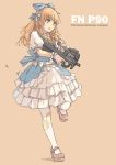  1girl blonde_hair blue_eyes bow bullpup dress english frills gun hair_bow holding holding_gun holding_weapon long_hair original p90 pantyhose puffy_short_sleeves puffy_sleeves reloading short_sleeves simple_background solo submachine_gun torn_clothes torn_pantyhose weapon white_legwear xiao_qiang_(overseas) 