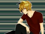  1boy arm_on_knee arm_on_shoulder arm_support blonde_hair collarbone highres horns looking_at_viewer looking_to_the_side red_eyes sennen_sensou_aigis shirooosai shirt sitting solo stray_(sennen_sensou_aigis) striped striped_background t-shirt 