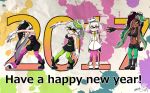  +_+ 2017 4girls ankle_boots aori_(splatoon) artist_name black_dress black_footwear black_gloves black_hair black_jumpsuit black_shirt black_shorts black_skin boots breasts brown_eyes cleavage closed_mouth commentary_request cousins crop_top crown detached_collar domino_mask dress earrings english eyebrows_visible_through_hair fingerless_gloves food food_on_head gloves green_eyes green_legwear grey_hair happy_new_year headwear_removed highlights hime_(splatoon) hotaru_(splatoon) iida_(splatoon) jewelry leaning_forward leaning_to_the_side long_hair looking_at_viewer mask medium_breasts midriff mole mole_under_eye mole_under_mouth multicolored_hair multiple_girls navel new_year object_on_head octarian open_mouth paint_splatter pantyhose pantyhose_under_shorts pointy_ears pose purple_legwear shirt short_dress short_hair short_jumpsuit shorts signature sleeveless sleeveless_dress smile splatoon splatoon_1 splatoon_2 standing strapless strapless_dress sushi tentacle_hair usa_(dai9c_carnival) white_dress white_footwear white_gloves white_hair zipper_pull_tab 