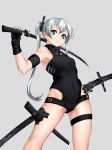  1girl absurdres armpits asagon007 breasts cyborg fingerless_gloves gloves grey_hair highres holding holding_sword holding_weapon katana original parted_lips sheath small_breasts sword tagme twintails weapon 
