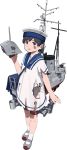  1girl bag black_hair blush_stickers brown_eyes burnt_clothes damaged dress full_body hand_up hat hiburi_(kantai_collection) kantai_collection looking_at_viewer mary_janes official_art open_mouth rigging sailor_dress sailor_hat shibafu_(glock23) shoes short_ponytail shoulder_bag smudge solo soot torn_clothes transparent_background underwear white_legwear 