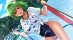  1girl breasts brown_eyes dutch_angle green_hair hair_ornament hairclip hatachi hose large_breasts looking_at_viewer one-piece_swimsuit open_mouth original pool see-through shirt short_hair smile solo swimsuit swimsuit_under_clothes wet wet_clothes wet_shirt 