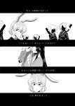  3girls alternate_hair_length alternate_hairstyle animal_ears blush comic crescent crescent_moon_pin faceless faceless_female greyscale hand_on_own_face head_out_of_frame highres houraisan_kaguya long_hair looking_at_viewer mana_(tsurubeji) monochrome moon_rabbit_(touhou) multiple_girls necktie parted_lips rabbit_ears reisen_udongein_inaba short_hair suit_jacket touhou translation_request two-tone_dress yagokoro_eirin 