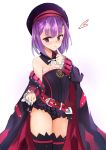  1girl bangs bare_shoulders belt belt_buckle black_leotard blush buckle coat detached_collar eyebrows_visible_through_hair fate/grand_order fate_(series) flat_chest frilled_leotard frilled_sleeves frills grin hat heart helena_blavatsky_(fate/grand_order) highres leotard long_sleeves looking_at_viewer muoto nose_blush off_shoulder open_clothes open_coat parted_lips purple_coat purple_hair purple_hat ribbon shiny shiny_hair short_hair sleeves_past_wrists smile solo strapless strapless_leotard teeth thighs violet_eyes white_ribbon 