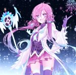  1girl :d aisha_(elsword) annlin blue_eyes blue_hair elsword floating_hair gloves hair_ornament holding holding_staff miniskirt multicolored_hair open_mouth pink_hair pink_skirt pleated_skirt purple_gloves purple_legwear purple_shirt shirt skirt smile snowflake_hair_ornament solo staff standing thigh-highs twintails two-tone_hair zettai_ryouiki 