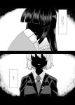  2girls comic covering_mouth crescent crescent_moon_pin faceless faceless_female greyscale highres houraisan_kaguya mana_(tsurubeji) monochrome multiple_girls necktie parted_lips reisen_udongein_inaba smile suit_jacket touhou translation_request upper_body 