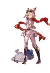  1girl animal_hat ass blonde_hair boots djeeta_(granblue_fantasy) finger_gun from_behind full_body gloves goggles goggles_on_head granblue_fantasy hand_on_hip hat high_heel_boots high_heels jacket looking_at_viewer minaba_hideo official_art open_clothes open_jacket pouch racing_suit red_scarf sack scarf short_hair simple_background smile solo transparent_background treasure_chest 
