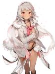  1girl altera_(fate) anmi bangs blush commentary_request dark_skin fate/extella fate/extra fate_(series) gift grey_hair hairband highres holding holding_gift looking_at_viewer navel parted_lips red_eyes shawl sidelocks simple_background solo standing thighs valentine white_background 