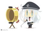  1girl afterimage anchor_symbol artist_name black_legwear blue_eyes chameleon_man_(three) chibi flat_cap full_body hat hibiki_(kantai_collection) kantai_collection ladle long_hair long_sleeves neckerchief no_mouth pot school_uniform serafuku simple_background solo standing white_background white_hair 