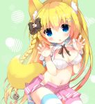  1girl animal_ears bangs blonde_hair blue_eyes blush bow bra braid breasts brown_bow claw_pose cleavage commentary_request dog_ears dog_girl dog_tail eyebrows_visible_through_hair fang fingernails fuuna_thise hair_between_eyes hair_bow hair_ornament hairclip head_tilt long_hair looking_at_viewer medium_breasts navel original panties parted_lips pink_skirt pleated_skirt school_uniform serafuku shirt skirt solo striped striped_bow tail underwear very_long_hair white_bra white_panties white_shirt 