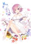  1girl :d absurdres blue_eyes choker dress eyebrows_visible_through_hair fate/grand_order fate_(series) flower fou_(fate/grand_order) gloves hair_between_eyes hair_flower hair_ornament hair_over_one_eye high_heels highres mamehamu mash_kyrielight open_mouth petals pink_flower pink_hair ribbon ribbon_choker see-through short_dress short_hair simple_background smile solo strapless strapless_dress sunglasses violet_eyes white_background white_dress white_flower white_footwear white_gloves white_ribbon yellow_flower 