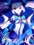  1girl :d absurdres blue_background blue_eyes blue_legwear breasts chains cowboy_shot detached_sleeves elsword eyebrows_visible_through_hair fang floating_hair hair_between_eyes highres long_hair luciela_r._sourcream noblesse_(elsword) open_mouth patzzi pointy_ears signature silver_hair small_breasts smile solo standing symbol-shaped_pupils thigh-highs twintails very_long_hair 