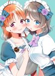  2girls :o absurdres apron aqua_background blue_bow blue_eyes blush bow bowtie cheek-to-cheek commentary_request flower frilled_sleeves frills grey_hair hair_bow hair_flower hair_ornament high-waist_skirt highres hina_(hinalovesugita) holding holding_tray love_live! love_live!_sunshine!! maid maid_headdress multiple_girls orange_hair purple_neckwear red_eyes skirt smile striped striped_bow takami_chika tray upper_body watanabe_you white_bow 