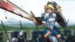  1girl armor blonde_hair blood blood_splatter bloody_weapon blue_eyes boots bow breastplate brown_gloves circlet elf fantasy foreshortening gloves hair_bow highres open_mouth original pauldrons pointy_ears ponytail ronindude shield solo sword thigh-highs thigh_boots weapon 