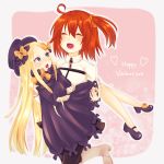  2girls :d ^_^ abigail_williams_(fate/grand_order) ahoge bangs black_bow black_dress black_footwear black_hat black_legwear black_skirt blonde_hair bloomers blue_eyes blush boots bow brown_hair butterfly carrying chaldea_uniform closed_eyes commentary_request dress eyebrows_visible_through_hair fate/grand_order fate_(series) fujimaru_ritsuka_(female) hair_between_eyes hair_bow hair_ornament hair_scrunchie happy_valentine hat heart high_heel_boots high_heels highres jacket knee_boots long_hair long_sleeves looking_at_another mary_janes multiple_girls one_side_up open_mouth orange_bow orange_scrunchie parted_bangs polka_dot polka_dot_bow princess_carry scrunchie shiratori_serori shoes skirt sleeves_past_fingers sleeves_past_wrists smile underwear valentine very_long_hair white_bloomers white_footwear white_jacket 