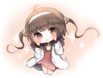  1girl :p ahoge azur_lane bangs blush breasts brown_eyes brown_hair chibi cleavage cleavage_cutout closed_mouth cottontailtokki dress eyebrows_visible_through_hair full_body fur-trimmed_jacket fur_trim hair_ornament hairband hairpin head_tilt jacket long_hair long_sleeves looking_at_viewer open_clothes open_jacket ping_hai_(azur_lane) red_dress short_dress signature smile solo sparkle tongue tongue_out twintails v-shaped_eyebrows very_long_hair white_hairband white_jacket 