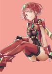  1girl artist_request blush breasts earrings fingerless_gloves gloves hair_ornament pyra_(xenoblade) jewelry large_breasts looking_at_viewer red_eyes redhead short_hair shorts sidelocks simple_background smile solo tiara xenoblade xenoblade_2 
