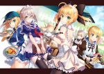  5girls ahoge artoria_pendragon_(all) black_bow black_legwear black_neckwear black_ribbon blonde_hair blue-framed_eyewear blue_eyes blue_ribbon blue_serafuku blue_shirt blue_skirt bow bowtie day dress eyebrows_visible_through_hair fate/grand_order fate/stay_night fate/unlimited_codes fate_(series) food garter_straps glasses gloves green_eyes hair_bow hair_ribbon holding looking_at_viewer maid_headdress miniskirt multiple_girls mysterious_heroine_x mysterious_heroine_x_(alter) neck_ribbon neckerchief necktie nonono omelet open_mouth outdoors pantyhose pleated_skirt red_neckwear ribbon rojiura_satsuki:_chapter_heroine_sanctuary saber saber_alter saber_lily semi-rimless_eyewear shirt short_dress short_sleeves sidelocks silver_hair skirt sleeveless sleeveless_dress smile thigh-highs tied_hair visor_cap white_dress white_gloves yellow_eyes yellow_neckwear 