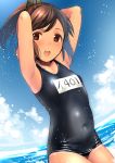  1girl blue_sky blue_swimsuit brown_eyes brown_hair clouds covered_navel cowboy_shot hair_ornament hairclip i-401_(kantai_collection) kantai_collection looking_at_viewer name_tag open_mouth outdoors ponytail sailor_collar school_swimsuit shiden_(sashimi_no_wife) shiny shiny_clothes short_ponytail sky smile solo swimsuit 