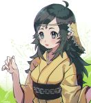  ahoge black_hair blue_eyes fire_emblem fire_emblem_if japanese_clothes kimono lipstick long_hair makeup mari_mokomo ophelia_(fire_emblem_if) yellow_kimono 