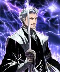  1boy aura bleach closed_mouth electricity furrowed_eyebrows glowing gonryoumaru hair_slicked_back looking_at_viewer male_focus purple_background rapier san-san_(pixiv16523866) sasakibe_choujirou serious shikai shinigami signature silver_hair solo sword thunder weapon yellow_eyes 