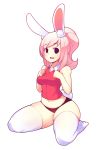  1girl animal_ears black_eyes bunny_tail fiz_(fizintine) fizintine highres kneeling long_hair navel open_mouth original pink_hair ponytail rabbit_ears solo tail thick_thighs thighs thong white_background 
