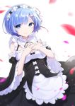  1girl absurdres blue_eyes blue_hair breasts cleavage cleavage_cutout closed_mouth detached_sleeves hair_ornament hair_ribbon highres looking_at_viewer maid maid_headdress onsem petals re:zero_kara_hajimeru_isekai_seikatsu red_ribbon rem_(re:zero) ribbon short_hair simple_background smile solo white_background x_hair_ornament 