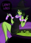 1girl bad_end banjo-kazooie black_dress black_hair breasts bubble cauldron deviantartkofwea dress green_skin gruntilda_winkybunion hat high_heels large_breasts looking_at_viewer open_mouth red_eyes scarf short_hair smile victory_pose witch_hat 