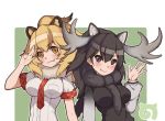  2girls animal_ears argyle_neckwear black_eyes black_hair blonde_hair blush breast_pocket breasts brown_eyes closed_mouth fang fang_out fur_collar gradient_clothes hand_up impossible_clothes impossible_shirt kemono_friends kugi_ta_hori_taira lion_(kemono_friends) lion_ears long_hair long_sleeves looking_at_viewer medium_breasts moose_(kemono_friends) multiple_girls necktie outline pocket puffy_long_sleeves puffy_sleeves red_neckwear salute shirt short_sleeves smile tareme two-finger_salute two-tone_background upper_body v-shaped_eyebrows waving white_outline white_shirt 