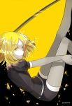  androgynous blonde_hair colored_eyelashes elbow_gloves gem_uniform_(houseki_no_kuni) gloves houseki_no_kuni looking_at_viewer mujun_atama short_hair shorts smile solo sparkle sword thigh-highs weapon yellow yellow_background yellow_diamond_(houseki_no_kuni) yellow_eyes 