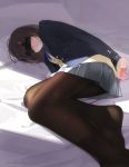  1girl 2018 ama_mitsuki arms_behind_back artist_name black_legwear blazer blindfold bound bound_wrists brown_hair cardigan chains commentary_request jacket long_sleeves lying no_shoes on_bed on_side original pantyhose pleated_skirt school_uniform skirt solo sunlight 