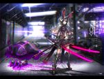  1girl animal_ears armor armored_boots black_hair blurry blurry_background boots capelet dual_wielding full_body gauntlets gia highres hood katana legs_apart long_hair looking_at_viewer midriff original pleated_skirt rabbit_ears red_eyes skirt solo standing sword weapon wind 