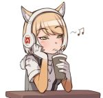  1girl bangs beamed_quavers blonde_hair blush character_request cup drinking drinking_straw elbow_gloves expressionless eyebrows_visible_through_hair fur_collar gloves gradient_hair green_eyes grey_vest hand_on_own_cheek headphones holding holding_cup kemono_friends kugi_ta_hori_taira multicolored_hair musical_note open_clothes open_vest shirt short_hair short_sleeves simple_background solo swept_bangs table tsurime upper_body vest white_background white_hair white_shirt 