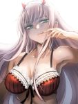  1girl armpits bra breasts cleavage darling_in_the_franxx green_eyes herozu_(xxhrd) horns lace lace-trimmed_bra large_breasts partially_undressed pink_hair solo strapless underwear upper_body white_background zero_two_(darling_in_the_franxx) 