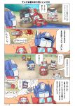  4koma 6+boys 80s absurdres autobot blue_eyes bumblebee chibi comic commentary_request full_body gears_(transformers) ground_vehicle headgear highres huffer_transformes) ironhide jazz_(transformers) mirage_(transformers) motor_vehicle multiple_boys no_humans oldschool optimus_prime prowl ratchet speech_bubble standing thinking thought_bubble transformers translation_request truck wheeljack yabunoki 